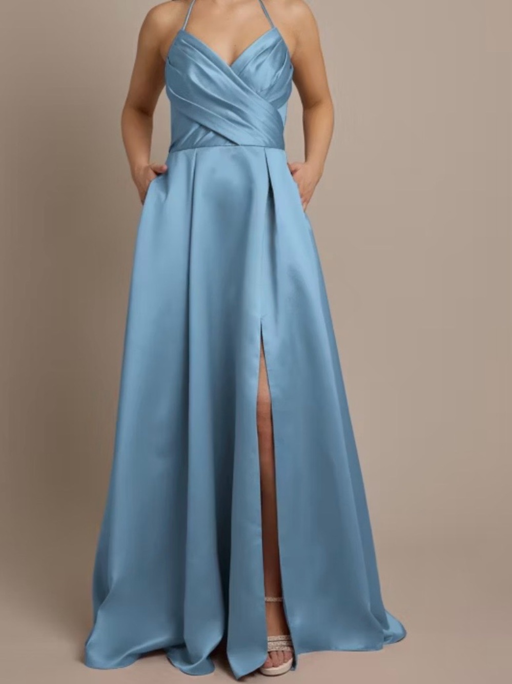 Blue Satin Tie-Back Dress with Front Slit